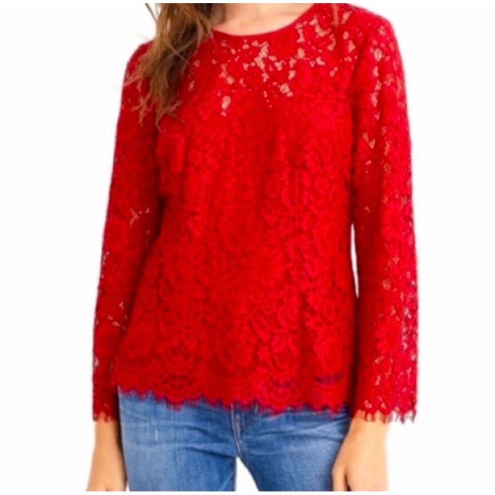 J.Crew Red Floral Lace Long Sleeve Tie Back Keyhole Top Size 0